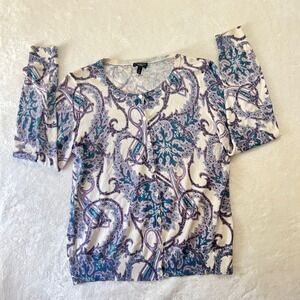 Talbots Petites Paisley Print Button Front Cardigan Sweater Women's Medium Silk